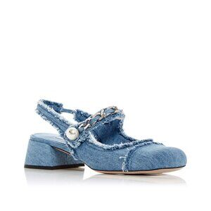 NWT Miu Miu Slingback Pumps Blue Denim Frayed Cap Toe Chain-Link 34.5